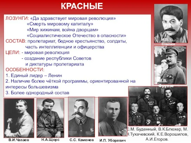 ЛОЗУНГИ: «Да здравствует мировая революция» «Смерть мировому капиталу» «Мир хижинам, война