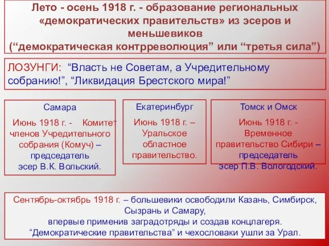 Лето - осень 1918 г. - образование региональных «демократических правительств» из