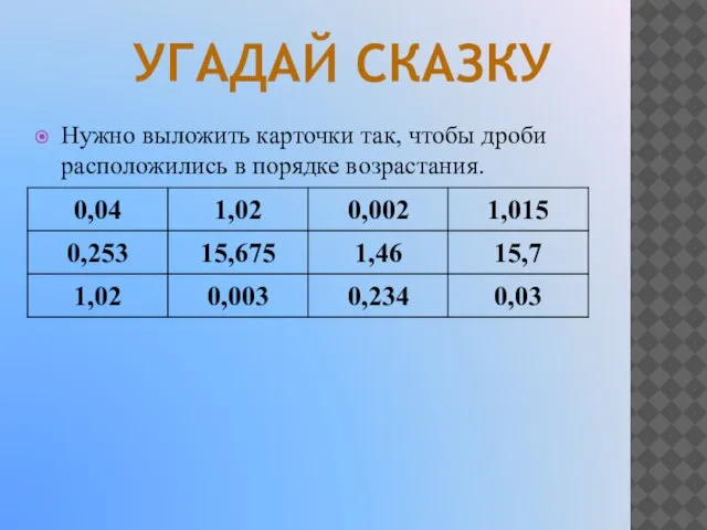 Нужно выложить карточки так, чтобы дроби расположились в порядке возрастания. УГАДАЙ СКАЗКУ