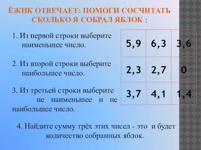 ЁЖИК ОТВЕЧАЕТ: ПОМОГИ СОСЧИТАТЬ СКОЛЬКО Я СОБРАЛ ЯБЛОК : 1. Из