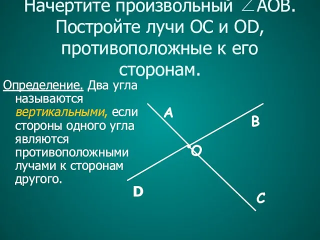 Начертите произвольный ∠AOB. Постройте лучи OC и OD, противоположные к его