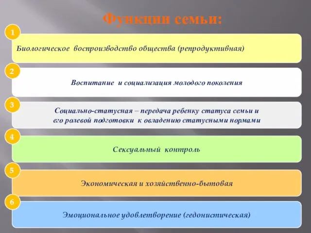 Функции семьи: Биологическое воспроизводство общества (репродуктивная) Воспитание и социализация молодого поколения