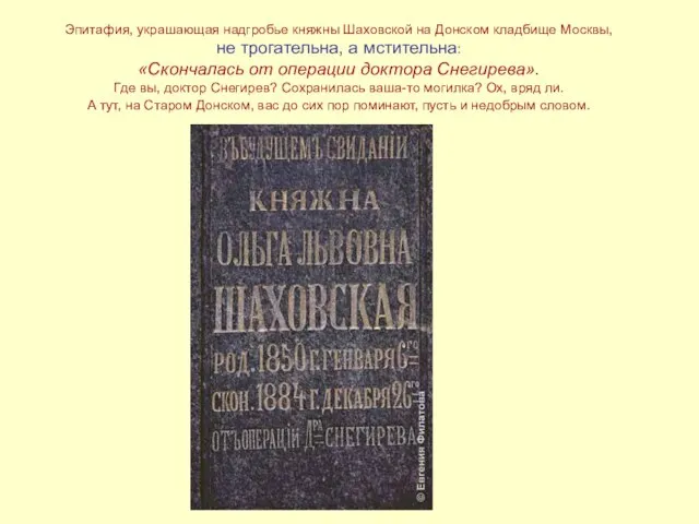 Эпитафия, украшающая надгробье княжны Шаховской на Донском кладбище Москвы, не трогательна,