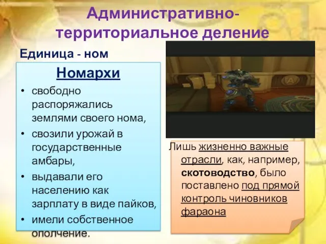 Административно-территориальное деление Единица - ном Номархи свободно распоряжались землями своего нома,