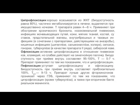 Ципрофлоксацин хорошо всасывается из ЖКТ (биодоступность равна 80%), частично метаболизируется в