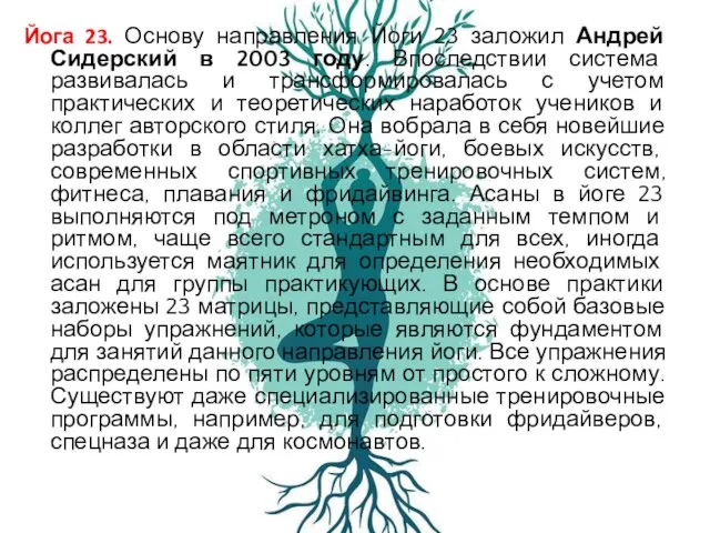 Йога 23. Основу направления Йоги 23 заложил Андрей Сидерский в 2003