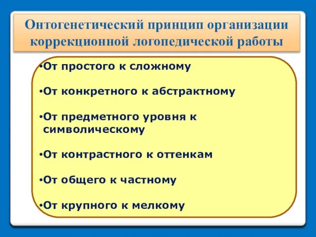 Онтогенетический принцип организации коррекционной логопедической работы От простого к сложному От