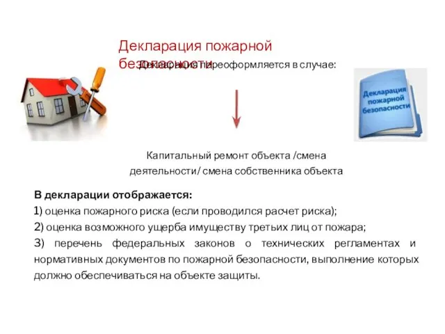 Декларация пожарной безопасности В декларации отображается: 1) оценка пожарного риска (если