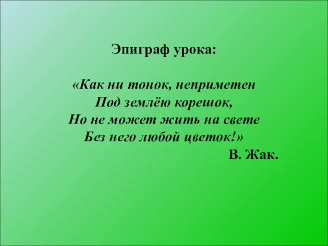 Эпиграф урока: «Как ни тонок, неприметен Под землёю корешок, Но не