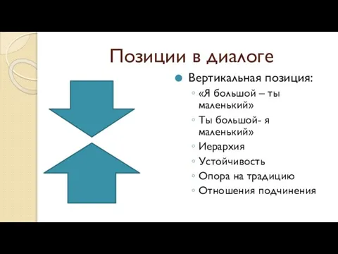 Позиции в диалоге Вертикальная позиция: «Я большой – ты маленький» Ты