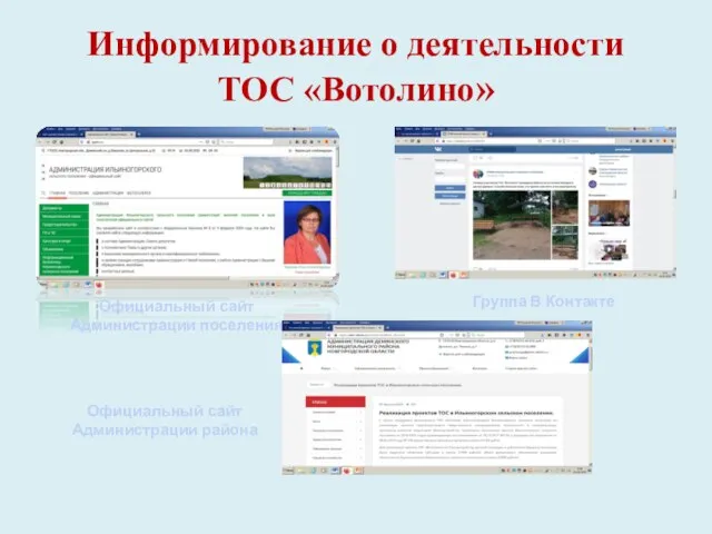 Информирование о деятельности ТОС «Вотолино» Официальный сайт Администрации поселения Группа В Контакте Официальный сайт Администрации района