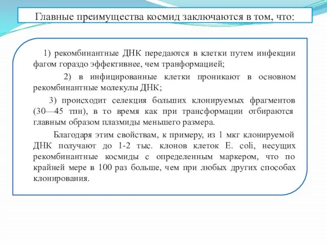 Главные преимущества космид заключаются в том, что: 1) рекомбинантные ДНК передаются