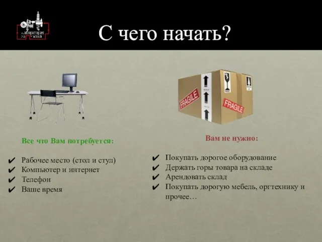 С чего начать? Все что Вам потребуется: Рабочее место (стол и