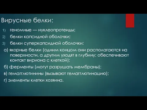 Вирусные белки: геномные — нуклеопротеиды; белки капсидной оболочки; белки суперкапсидной оболочки: