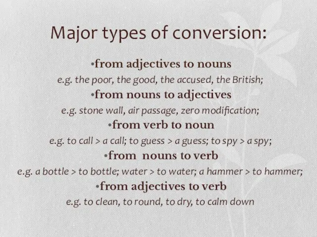 Major types of conversion: from adjectives to nouns e.g. the poor,