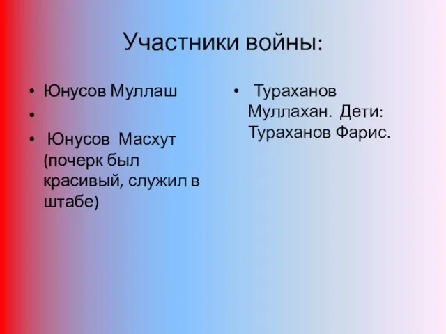 Участники войны: Юнусов Муллаш Юнусов Масхут (почерк был красивый, служил в