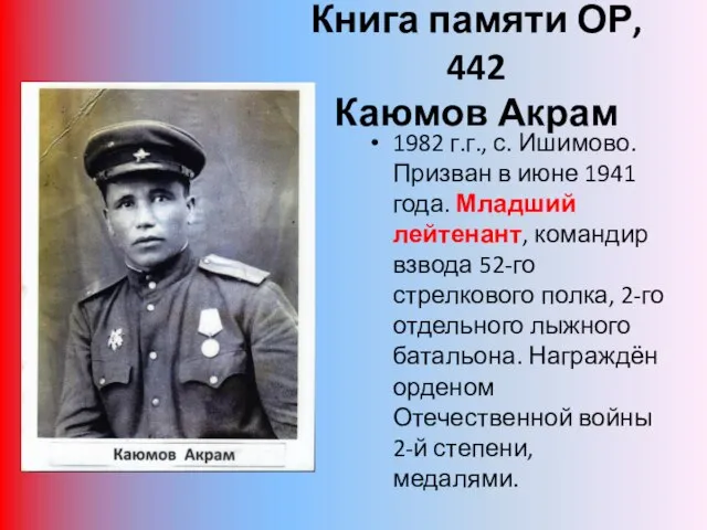 Книга памяти ОР, 442 Каюмов Акрам 1982 г.г., с. Ишимово. Призван
