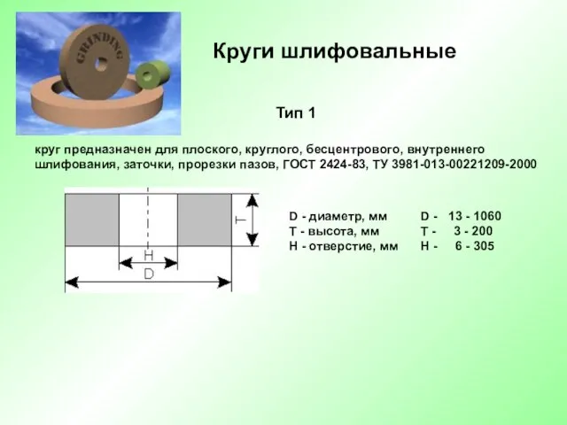 Круги шлифовальные Тип 1 круг предназначен для плоского, круглого, бесцентрового, внутреннего