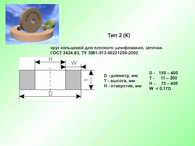 Тип 2 (К) круг кольцевой для плоского шлифования, заточки. ГОСТ 2424-83, ТУ 3981-013-00221209-2000