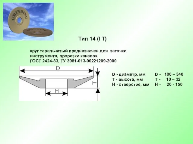 Тип 14 (I T) круг тарельчатый предназначен для заточки инструмента, прорезки канавок. ГОСТ 2424-83, ТУ 3981-013-00221209-2000