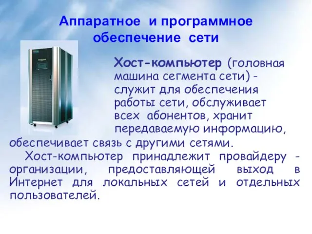 Аппаратное и программное обеспечение сети Хост-компьютер (головная машина сегмента сети) -