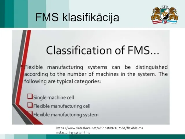 FMS klasifikācija https://www.slideshare.net/nitinpatil92102564/flexible-manufacturing-systemfms