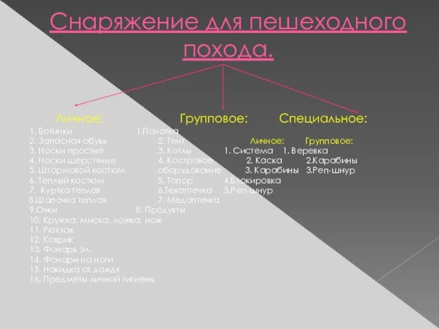 Снаряжение для пешеходного похода. Личное: Групповое: Специальное: 1. Ботинки 1.Палатка 2.