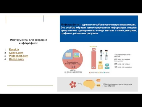 Инфографика -- один из способов визуализации информации. Это особым образом иллюстрированная