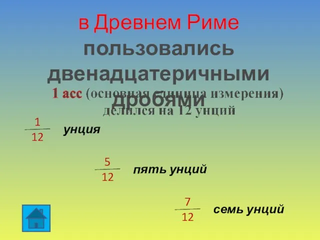 в Древнем Риме пользовались двенадцатеричными дробями 1 12 унция 5 12