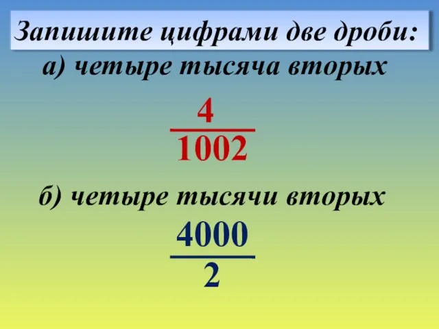 Запишите цифрами две дроби: б) четыре тысячи вторых а) четыре тысяча вторых 4 2 4000 1002