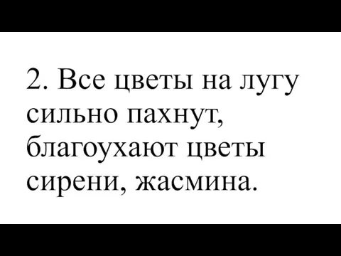 2. Все цветы на лугу сильно пахнут, благоухают цветы сирени, жасмина.