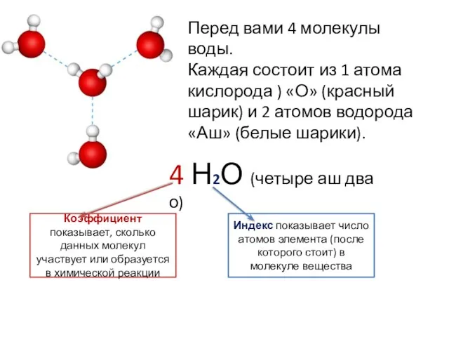 Перед вами 4 молекулы воды. Каждая состоит из 1 атома кислорода