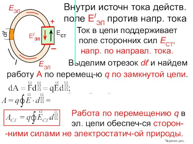 Ток в цепи поддерживает поле сторонних сил ЕСТ, напр. по направл.