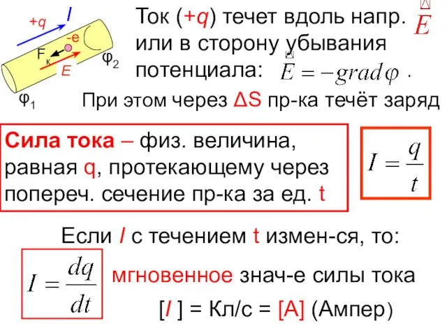 Ток (+q) течет вдоль напр. или в сторону убывания потенциала: .