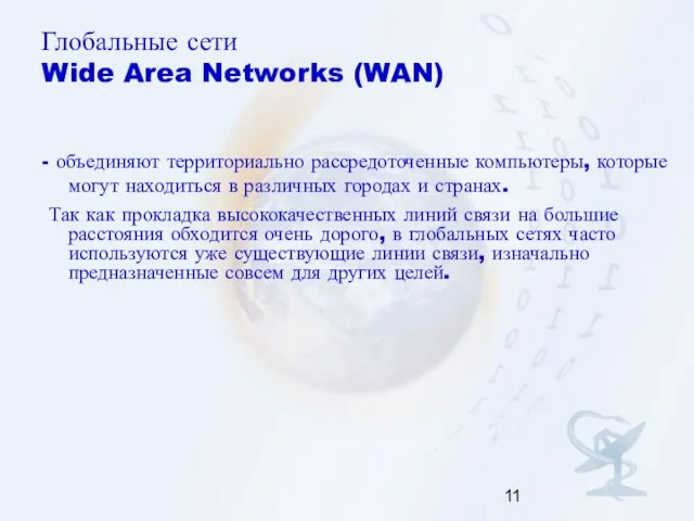 Глобальные сети Wide Area Networks (WAN) - объединяют территориально рассредоточенные компьютеры,