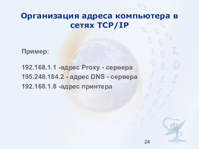 Организация адреса компьютера в сетях TCP/IP Пример: 192.168.1.1 -адрес Proxy -