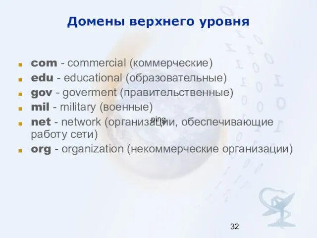 Домены верхнего уровня com - commercial (коммерческие) edu - educational (образовательные)