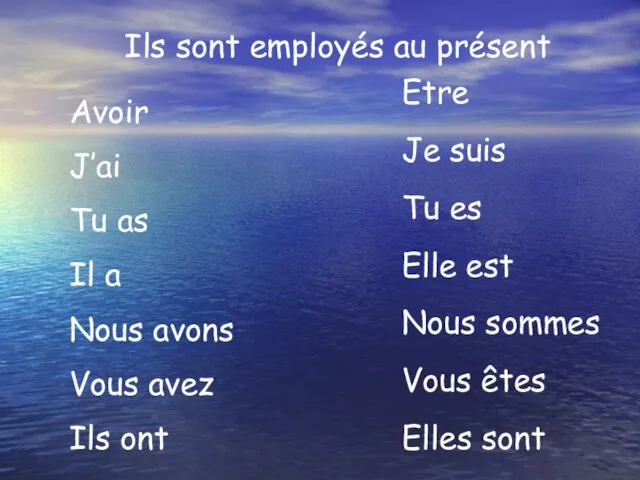 Ils sont employés au présent Avoir J’ai Tu as Il a