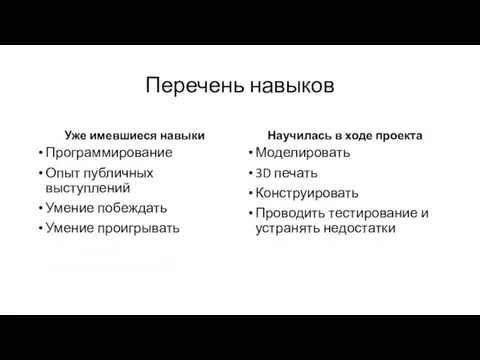 Перечень навыков Уже имевшиеся навыки Программирование Опыт публичных выступлений Умение побеждать