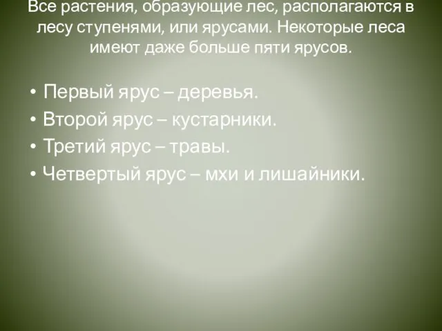 Все растения, образующие лес, располагаются в лесу ступенями, или ярусами. Некоторые