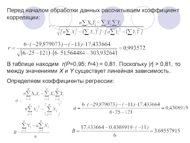 Перед началом обработки данных рассчитываем коэффициент корреляции: В таблице находим r(Р=0,95;