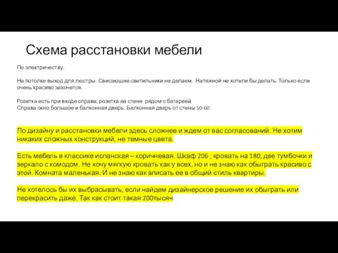 Схема расстановки мебели По электричеству. На потолке выход для люстры. Свисающие