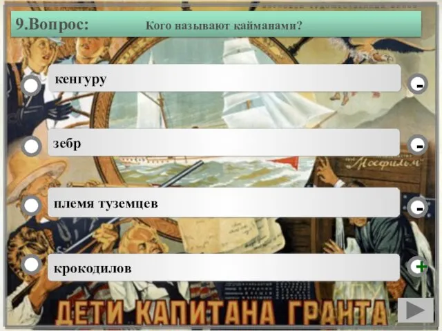 9.Вопрос: Кого называют кайманами? крокодилов зебр племя туземцев кенгуру - - + -