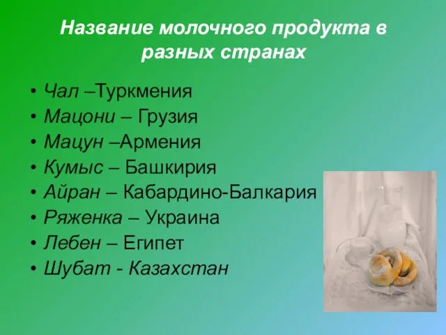 Название молочного продукта в разных странах Чал –Туркмения Мацони – Грузия