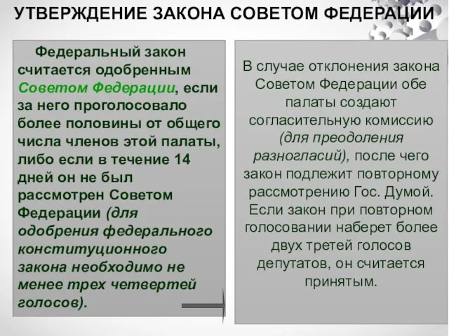 Федеральный закон считается одобренным Советом Федерации, если за него проголосовало более