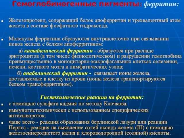 Гемоглобиногенные пигменты: ферритин: Железопротеид, содержащий белок апоферритин и трехвалентный атом железа