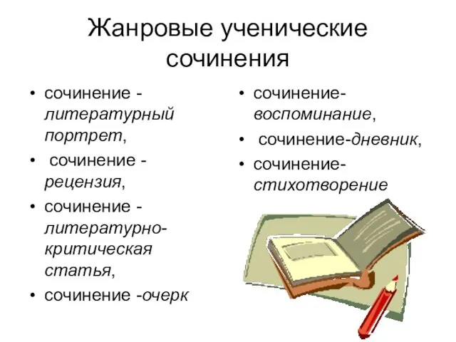 Жанровые ученические сочинения сочинение -литературный портрет, сочинение -рецензия, сочинение -литературно-критическая статья, сочинение -очерк сочинение-воспоминание, сочинение-дневник, сочинение-стихотворение