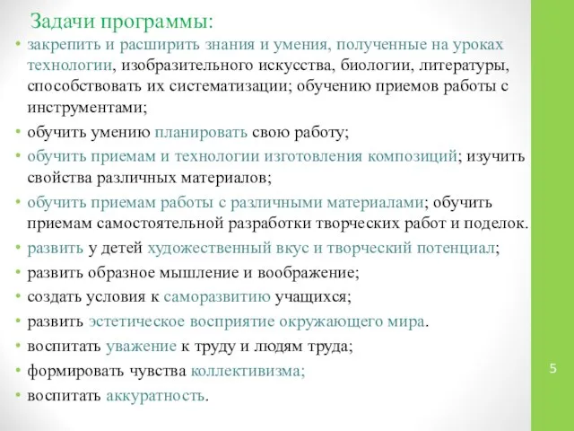 Задачи программы: закрепить и расширить знания и умения, полученные на уроках