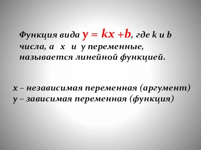 Функция вида y = kx +b, где k и b числа,