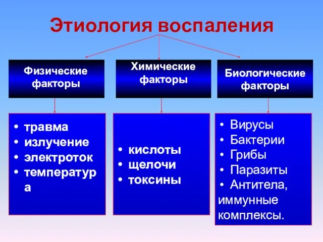 Этиология воспаления Химические факторы Биологические факторы Физические факторы травма излучение электроток